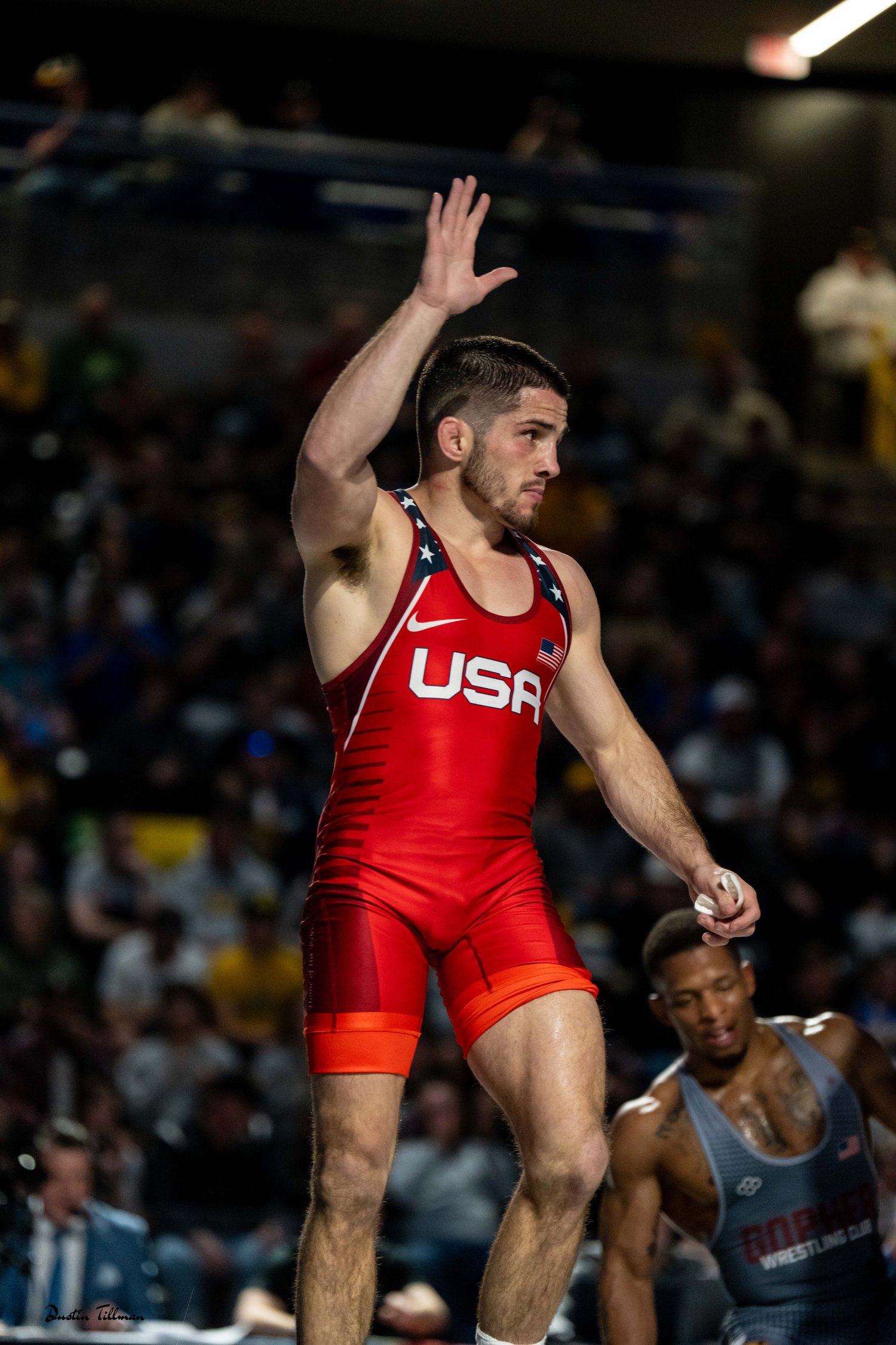 Nathan Tomasello celebrating in a USA singlet